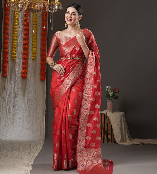 Teal Blue & Gold-Toned Woven Design Zari Organza Bagh Sarees