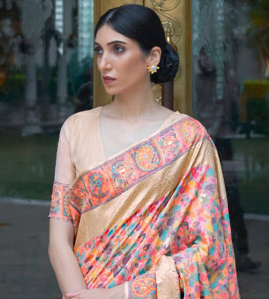 Mitera Navy Blue & Pink Floral Zari Silk Blend Banarasi Saree