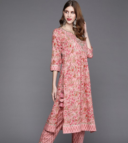 Women Pink Printed Gotta Patti Pure Cotton Kurta with Trousers & Dupatta